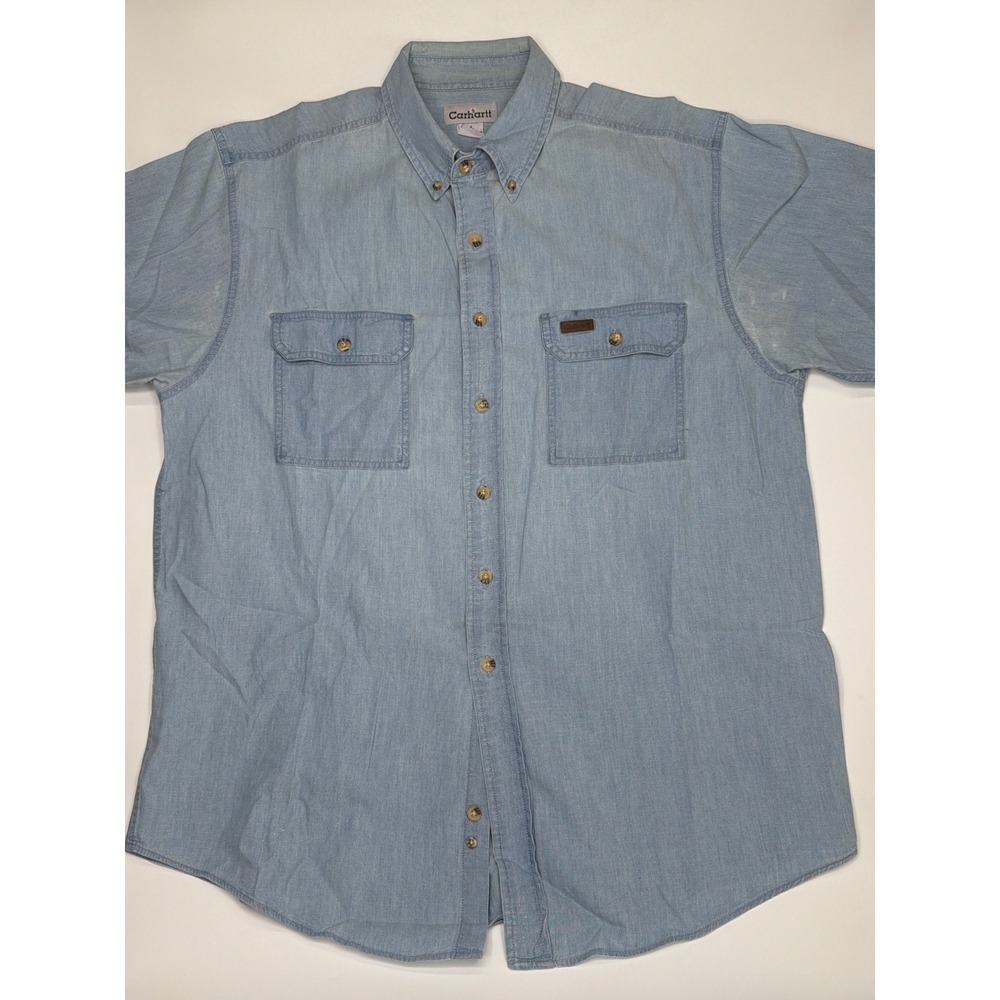 Carhartt Mens Light Wash Denim Button‎ Down Cargo Pocket Short Sleeve Work Shirt